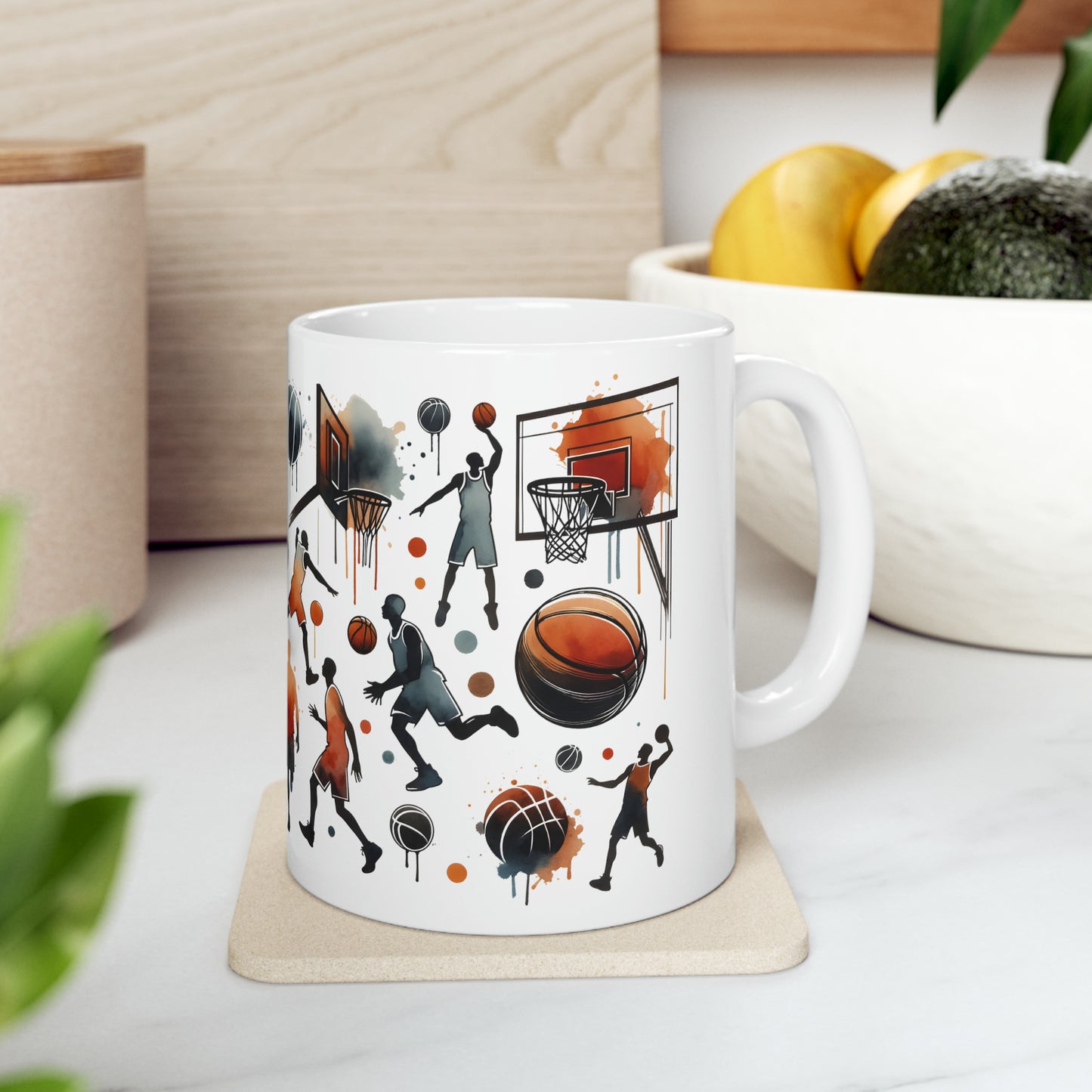 White ceramic mug (11oz) featuring vibrant basketball-themed artwork, perfect for sports enthusiasts. BPA and lead-free, microwave and dishwasher safe