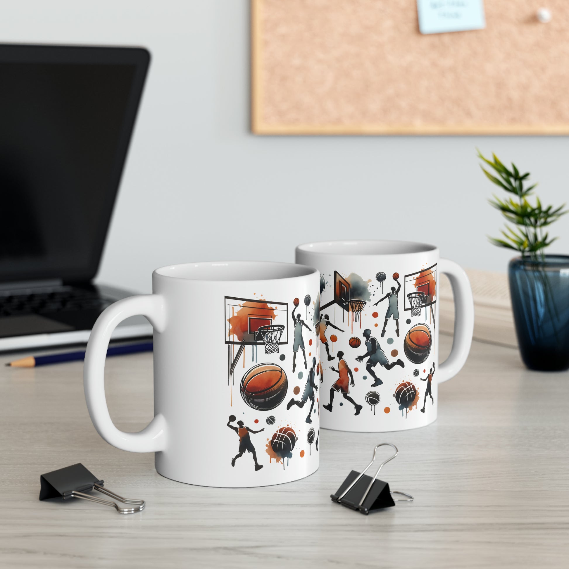 White ceramic mug (11oz) featuring vibrant basketball-themed artwork, perfect for sports enthusiasts. BPA and lead-free, microwave and dishwasher safe