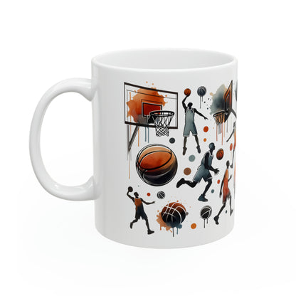 11oz white ceramic mug featuring vibrant basketball-themed artwork, perfect for sports enthusiasts. Microwave and dishwasher safe, BPA and lead-free