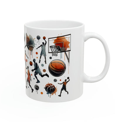 11oz white ceramic mug featuring vibrant basketball-themed artwork, perfect for sports enthusiasts. Microwave and dishwasher safe, BPA and lead-free